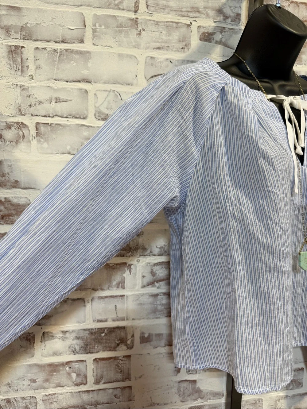J. Crew Light Blue and White Striped Tie-Neck Blouse